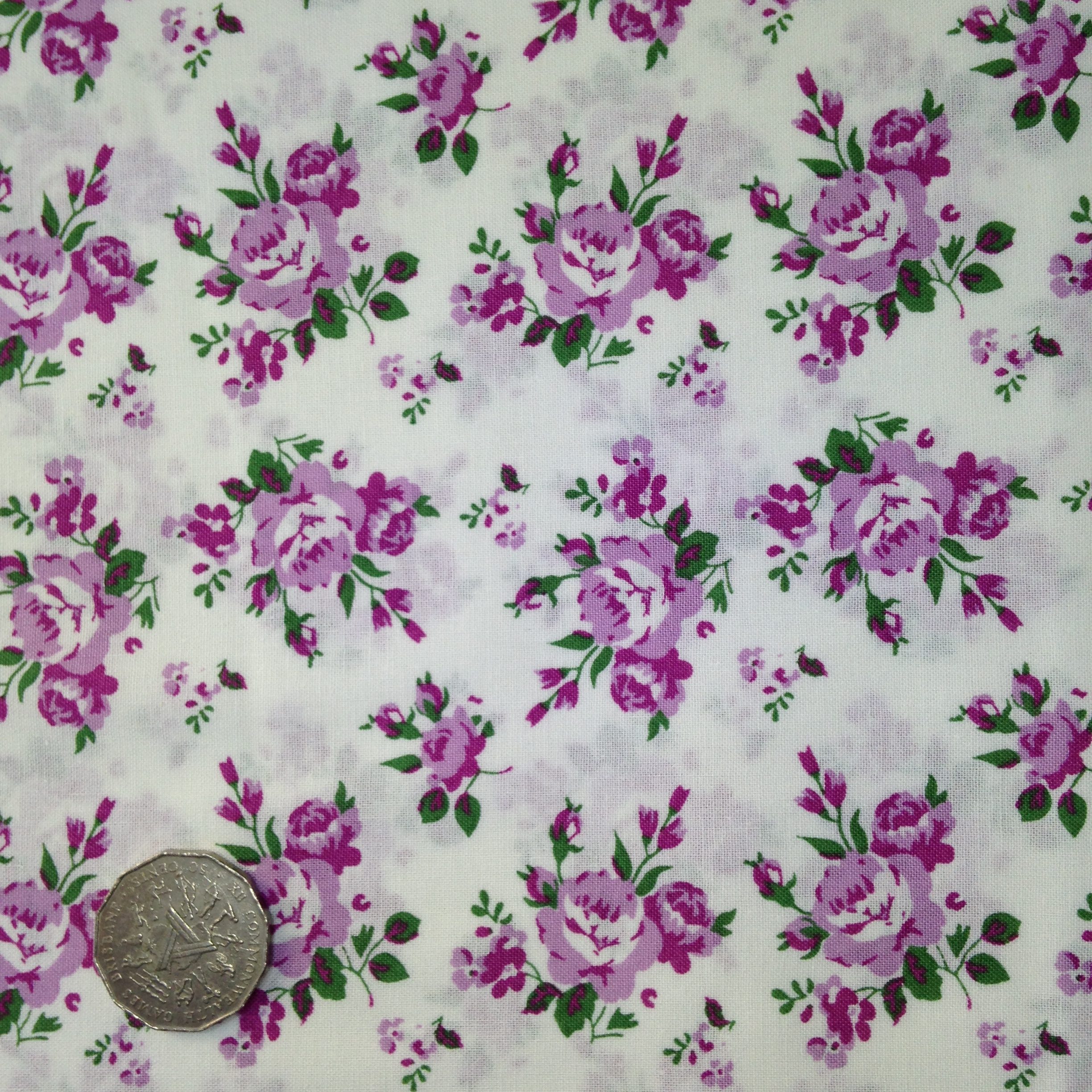 Floral A : Purple flowers on white : KK Fabrics - MinkyBear and Me Fabrics